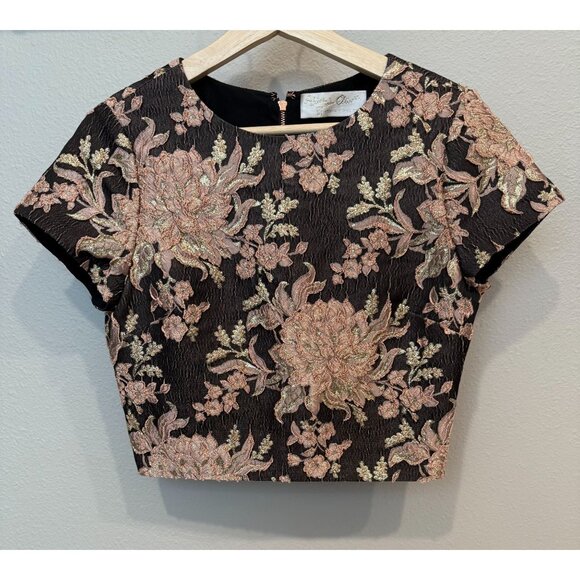 Alice + Olivia Floral Metallic Jacquard Crop Top Back Zip Short Sleeves Size 6 - Picture 1 of 13